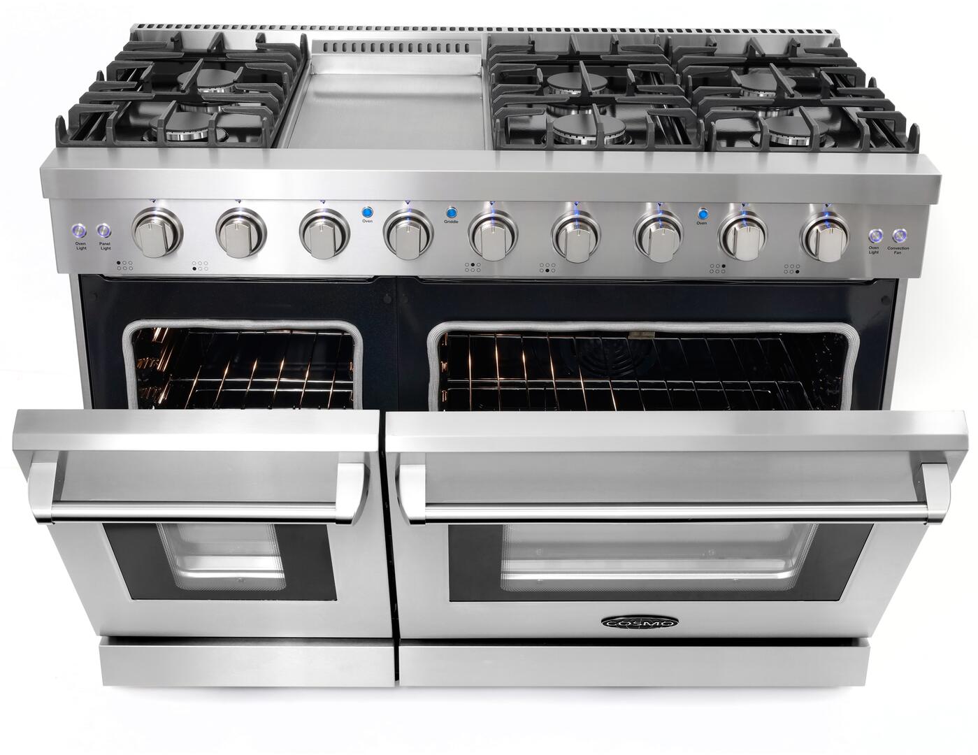 Cosmo - 48 in. 6.8 cu. ft. Double Oven Commercial Gas Range with Fan Assist Convection Oven in Stainless Steel Storage Drawer | COS-EPGR486G Cosmo - 48 in. 6.8 cu. ft. Double Oven Commercial Gas Range with Fan Assist Convection Oven in Stainless Steel Storage Drawer | COS-EPGR486G