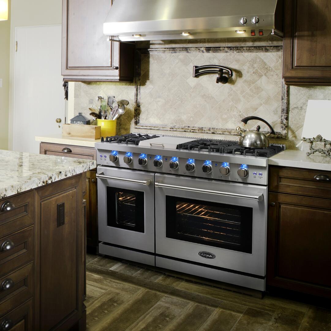 Cosmo - 48 in. 6.8 cu. ft. Double Oven Commercial Gas Range with Fan Assist Convection Oven in Stainless Steel Storage Drawer | COS-EPGR486G Cosmo - 48 in. 6.8 cu. ft. Double Oven Commercial Gas Range with Fan Assist Convection Oven in Stainless Steel Storage Drawer | COS-EPGR486G
