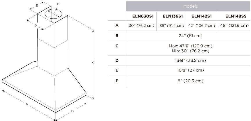 Elica - LEONE - Elica Pro - 48" W x 24" D x 12 1/8" H, 1200 CFM Internal, Stainless - Wall Mount Hoods | ELN148SS Elica - LEONE - Elica Pro - 48" W x 24" D x 12 1/8" H, 1200 CFM Internal, Stainless - Wall Mount Hoods | ELN148SS