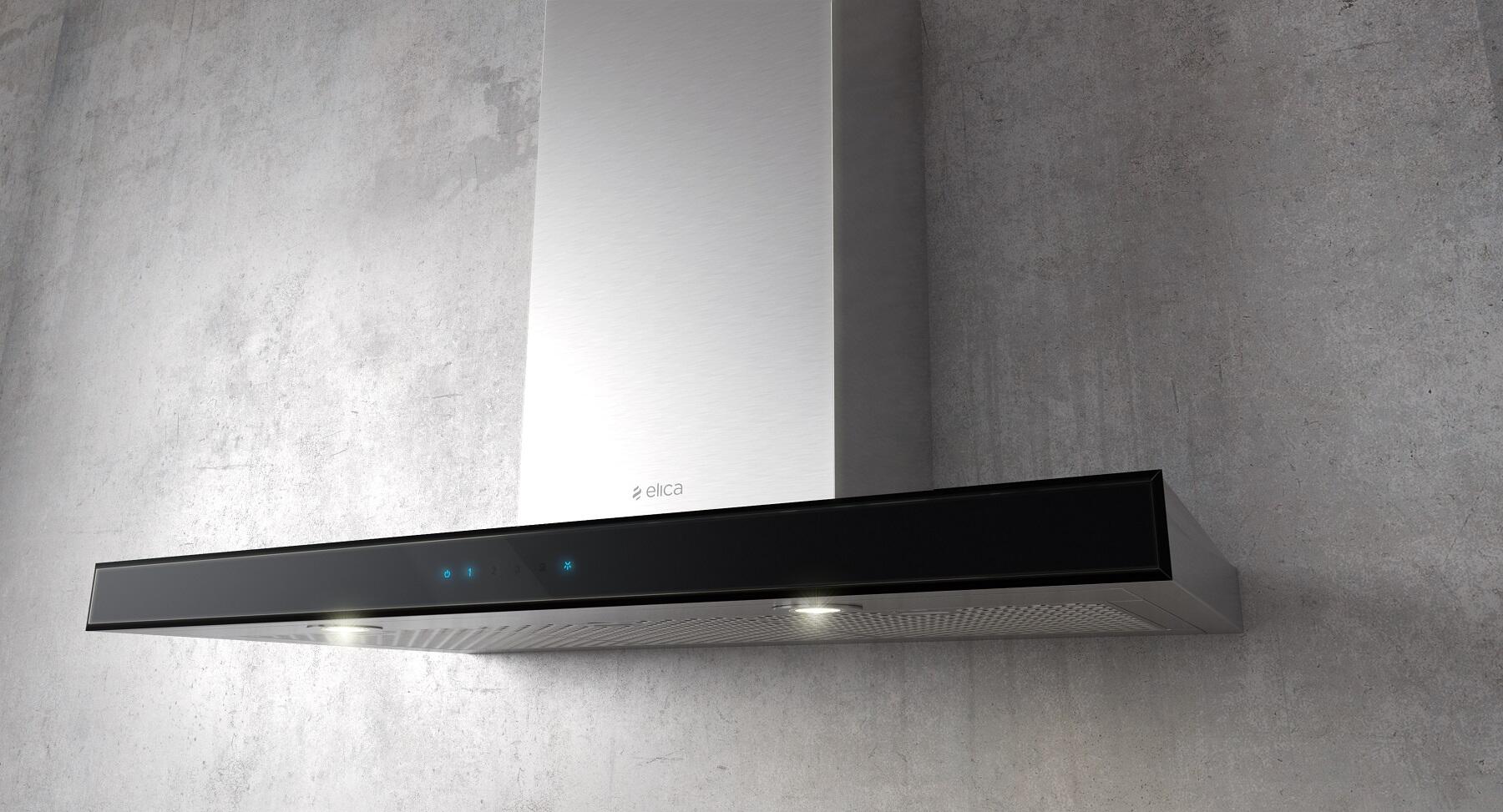 Elica - MEZZANO - Techne - 36" W x 19 11/16" D x 2 3/8" H, Stainless & Black Glass - Wall Mount Hoods | EMZ636S3 Elica - MEZZANO - Techne - 36" W x 19 11/16" D x 2 3/8" H, Stainless & Black Glass - Wall Mount Hoods | EMZ636S3