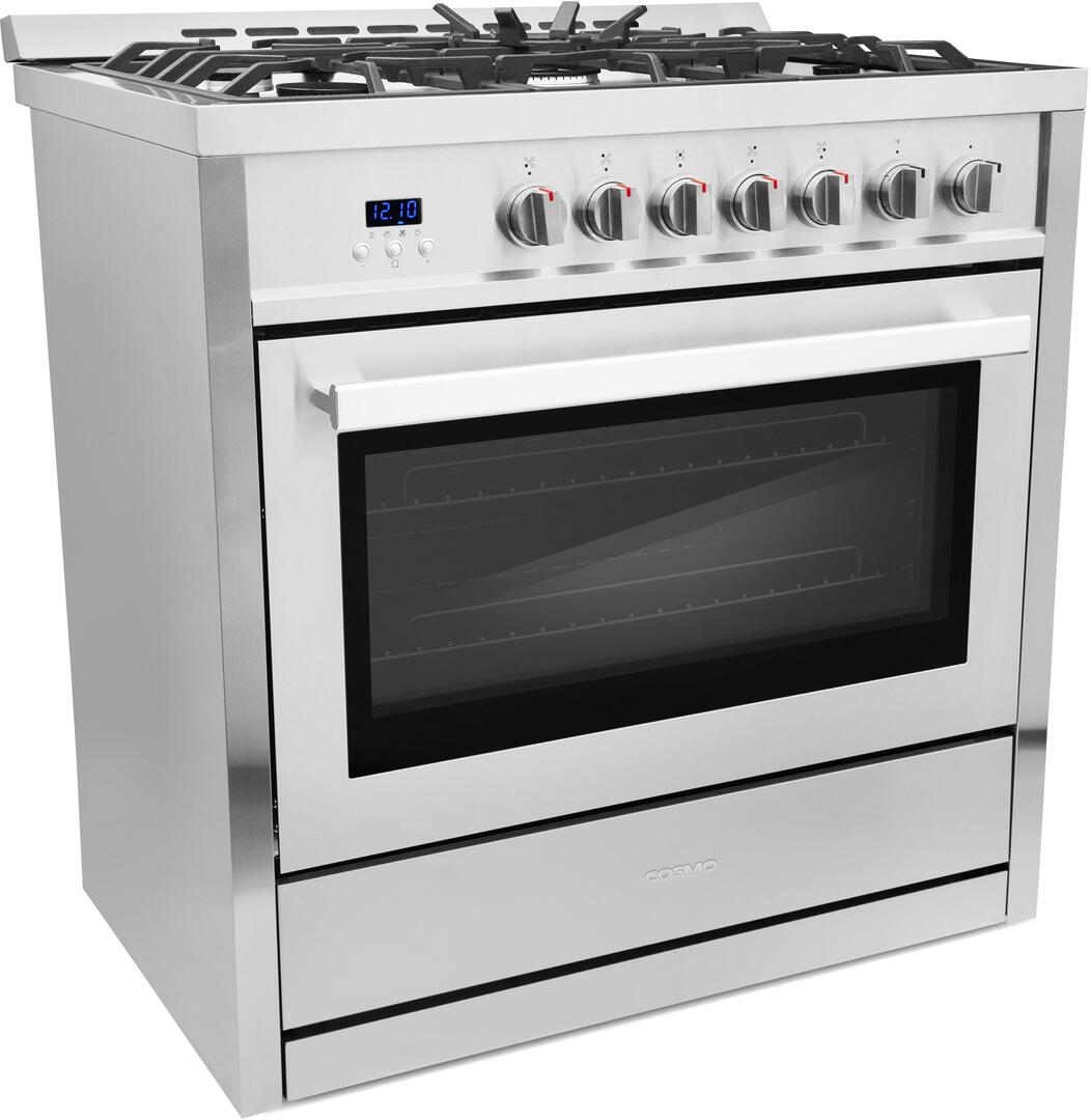 Cosmo - 36 in. 3.8 cu. ft. Single Oven Gas Range with 5 Burner Cooktop and Heavy Duty Cast Iron Grates in Stainless Steel | COS-965AGC Cosmo - 36 in. 3.8 cu. ft. Single Oven Gas Range with 5 Burner Cooktop and Heavy Duty Cast Iron Grates in Stainless Steel | COS-965AGC