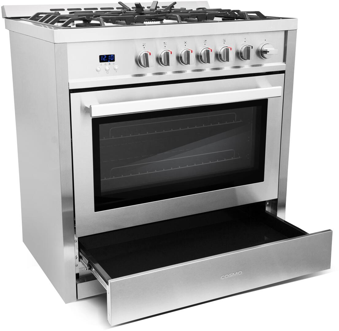 Cosmo - 36 in. 3.8 cu. ft. Single Oven Gas Range with 5 Burner Cooktop and Heavy Duty Cast Iron Grates in Stainless Steel | COS-965AGC Cosmo - 36 in. 3.8 cu. ft. Single Oven Gas Range with 5 Burner Cooktop and Heavy Duty Cast Iron Grates in Stainless Steel | COS-965AGC