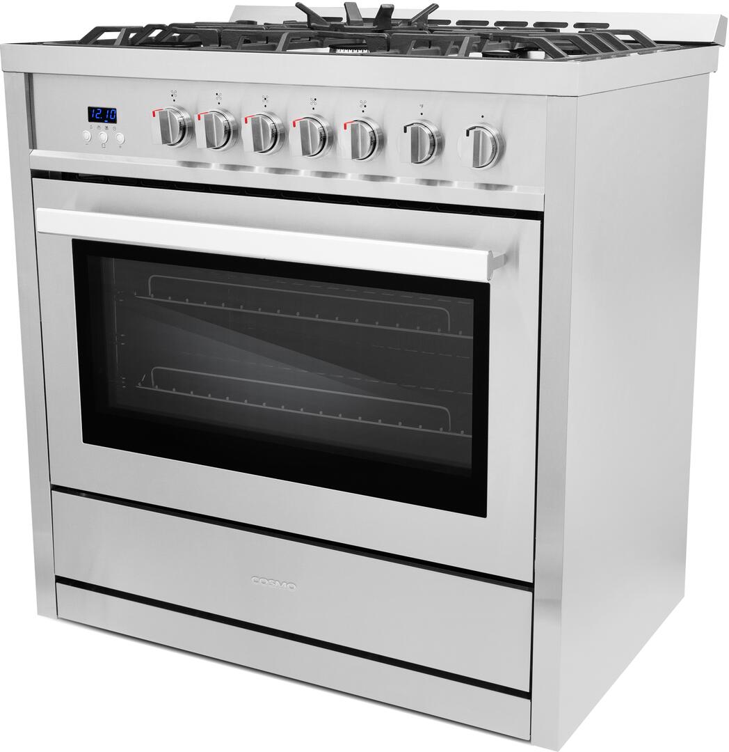 Cosmo - 36 in. 3.8 cu. ft. Single Oven Gas Range with 5 Burner Cooktop and Heavy Duty Cast Iron Grates in Stainless Steel | COS-965AGC Cosmo - 36 in. 3.8 cu. ft. Single Oven Gas Range with 5 Burner Cooktop and Heavy Duty Cast Iron Grates in Stainless Steel | COS-965AGC