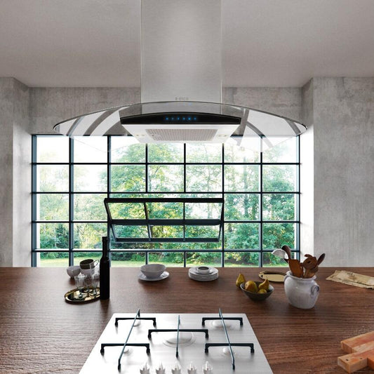 Elica - CINGOLI - Techne - 36" W x 25 3/16" D x 1 15/16" H, 600 CFM, Stainless & Black Glass plus Clear Glass Canopy - Island Hoods | ECN636S3