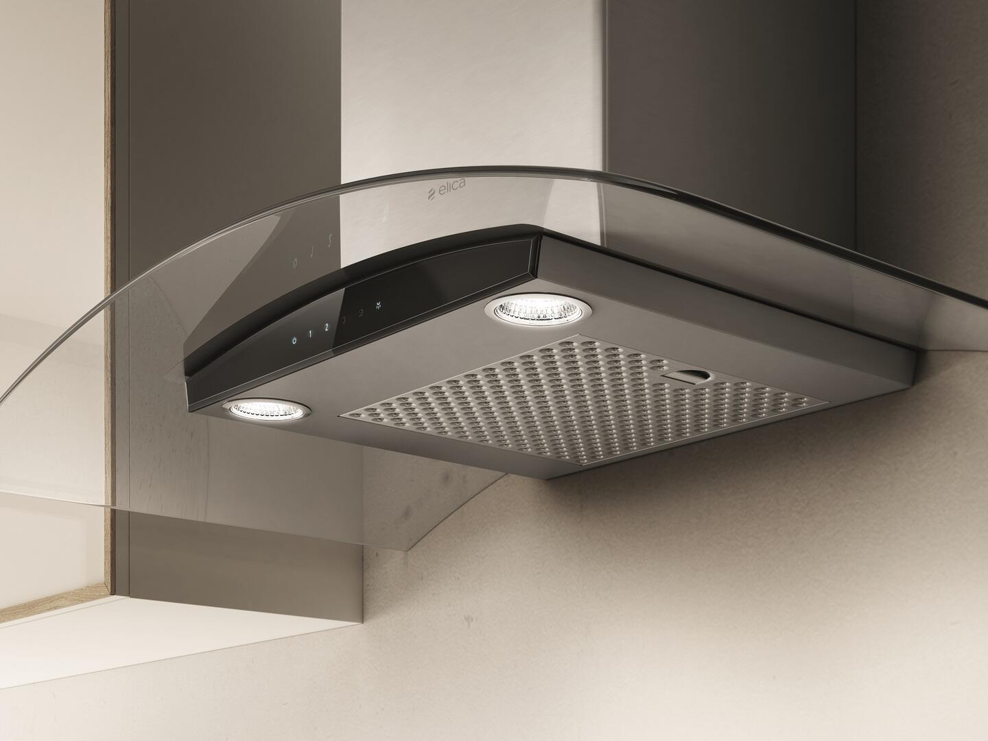 Elica - COMO - Techne - 30" W x 19 11/16" D x 1 15/16" H, Stainless & Black Glass + Clear Glass Canopy - Wall Mount Hoods | ECM630S3 Elica - COMO - Techne - 30" W x 19 11/16" D x 1 15/16" H, Stainless & Black Glass + Clear Glass Canopy - Wall Mount Hoods | ECM630S3