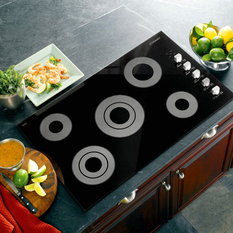Cosmo - 36 in. Electric Ceramic Glass Cooktop with 5 Burners, Dual Zone Elements, Hot Surface Indicator Light and Control Knobs | COS-365ECC Cosmo - 36 in. Electric Ceramic Glass Cooktop with 5 Burners, Dual Zone Elements, Hot Surface Indicator Light and Control Knobs | COS-365ECC