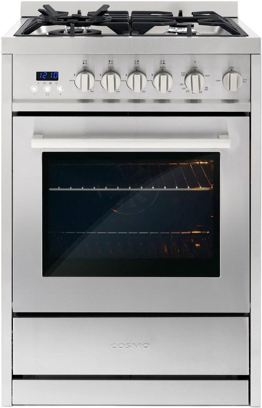 Cosmo - 24 in. 2.73 cu. ft. Single Oven Gas Range with 4 Burner Cooktop and Heavy Duty Cast Iron Grates in Stainless Steel | COS-244AGC