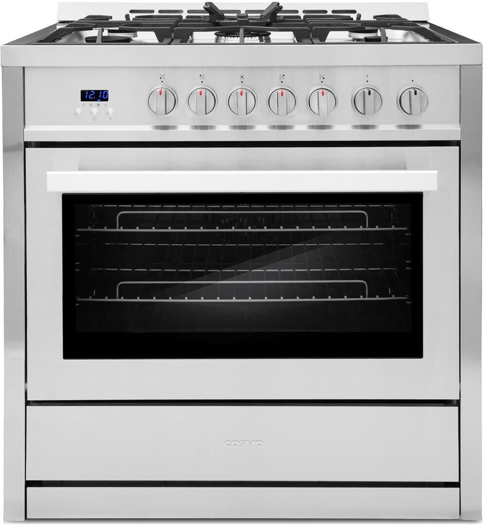 Cosmo - 36 in. 3.8 cu. ft. Single Oven Gas Range with 5 Burner Cooktop and Heavy Duty Cast Iron Grates in Stainless Steel | COS-965AGC Cosmo - 36 in. 3.8 cu. ft. Single Oven Gas Range with 5 Burner Cooktop and Heavy Duty Cast Iron Grates in Stainless Steel | COS-965AGC