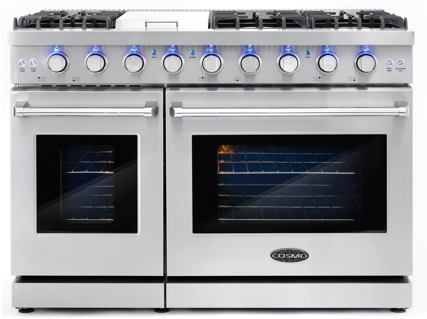 Cosmo - 48 in. 6.8 cu. ft. Double Oven Commercial Gas Range with Fan Assist Convection Oven in Stainless Steel Storage Drawer | COS-EPGR486G Cosmo - 48 in. 6.8 cu. ft. Double Oven Commercial Gas Range with Fan Assist Convection Oven in Stainless Steel Storage Drawer | COS-EPGR486G