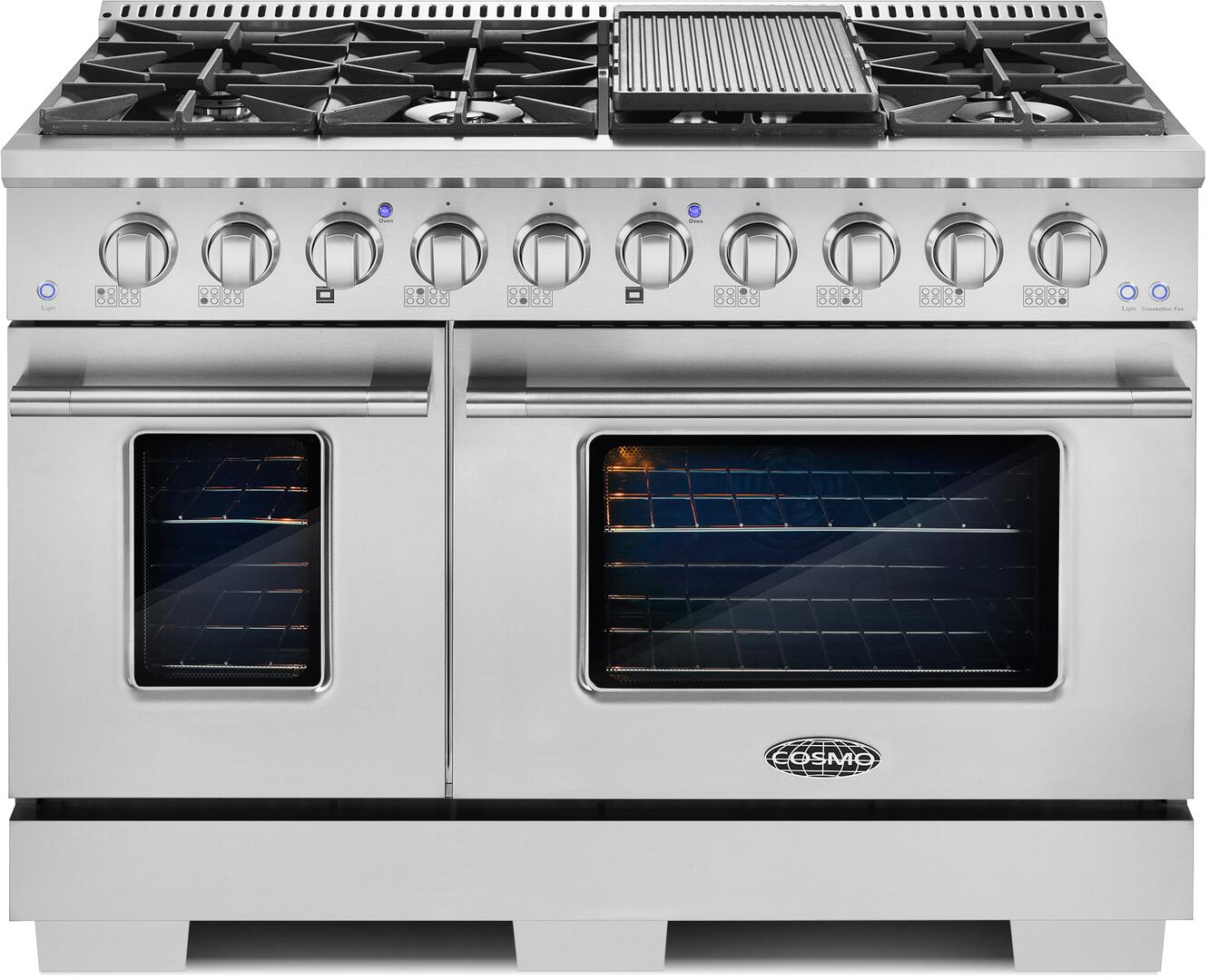 Cosmo - Commercial-Style 48 in. 5.5 cu. ft. Double Oven Gas Range with 8 Italian Burners and Heavy Duty Cast Iron Grates in Stainless Steel | COS-GRP486G Cosmo - Commercial-Style 48 in. 5.5 cu. ft. Double Oven Gas Range with 8 Italian Burners and Heavy Duty Cast Iron Grates in Stainless Steel | COS-GRP486G