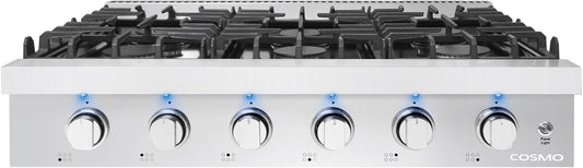 Cosmo - 36 in. Slide-In Counter Gas Cooktop with 6 Sealed Italian Burners, Black Porcelain Surface, Cast Iron Grates, Metal Knobs in Stainless Steel | COS-GRT366