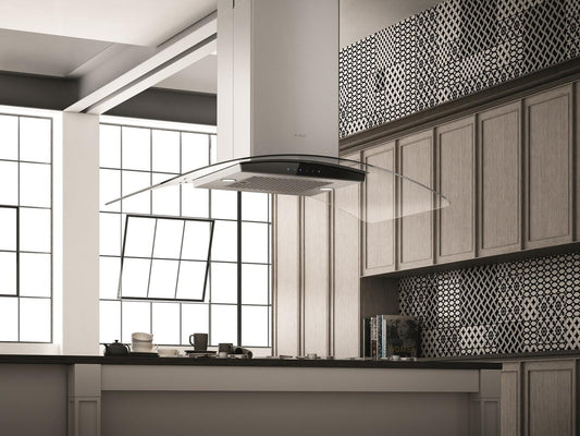 Elica - CINGOLI - Techne - 36" W x 25 3/16" D x 1 15/16" H, 600 CFM, Stainless & Black Glass plus Clear Glass Canopy - Island Hoods | ECN636S3
