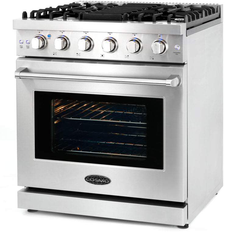 Cosmo - EPGR304 30 in. Slide-In Freestanding Gas Range with 5 Sealed Burners, Cast Iron Grates, 4.5 cu. ft. Capacity Convection Oven in Stainless Steel | COS-EPGR304 Cosmo - EPGR304 30 in. Slide-In Freestanding Gas Range with 5 Sealed Burners, Cast Iron Grates, 4.5 cu. ft. Capacity Convection Oven in Stainless Steel | COS-EPGR304