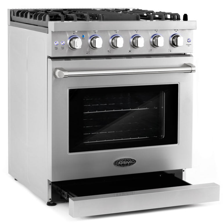 Cosmo - EPGR304 30 in. Slide-In Freestanding Gas Range with 5 Sealed Burners, Cast Iron Grates, 4.5 cu. ft. Capacity Convection Oven in Stainless Steel | COS-EPGR304 Cosmo - EPGR304 30 in. Slide-In Freestanding Gas Range with 5 Sealed Burners, Cast Iron Grates, 4.5 cu. ft. Capacity Convection Oven in Stainless Steel | COS-EPGR304