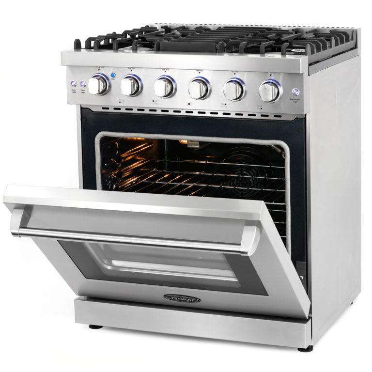 Cosmo - EPGR304 30 in. Slide-In Freestanding Gas Range with 5 Sealed Burners, Cast Iron Grates, 4.5 cu. ft. Capacity Convection Oven in Stainless Steel | COS-EPGR304 Cosmo - EPGR304 30 in. Slide-In Freestanding Gas Range with 5 Sealed Burners, Cast Iron Grates, 4.5 cu. ft. Capacity Convection Oven in Stainless Steel | COS-EPGR304