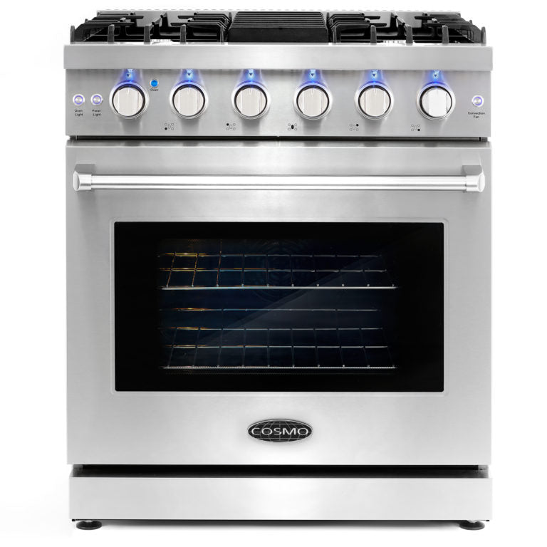 Cosmo - EPGR304 30 in. Slide-In Freestanding Gas Range with 5 Sealed Burners, Cast Iron Grates, 4.5 cu. ft. Capacity Convection Oven in Stainless Steel | COS-EPGR304 Cosmo - EPGR304 30 in. Slide-In Freestanding Gas Range with 5 Sealed Burners, Cast Iron Grates, 4.5 cu. ft. Capacity Convection Oven in Stainless Steel | COS-EPGR304
