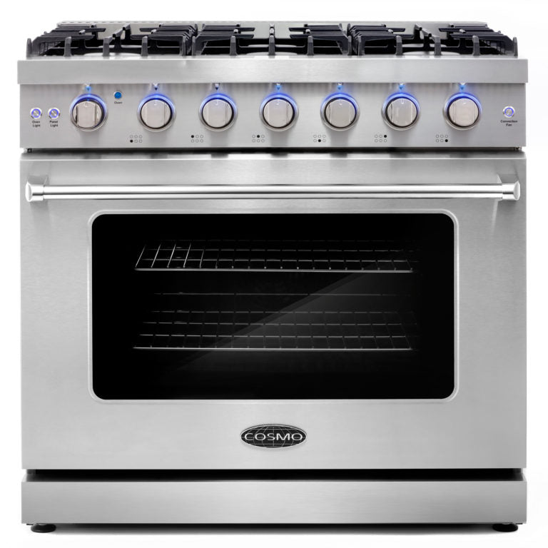 Cosmo - 36 in. 6.0 cu. ft. Commercial Gas Range with Convection Oven in Stainless Steel with Storage Drawer | COS-EPGR366 Cosmo - 36 in. 6.0 cu. ft. Commercial Gas Range with Convection Oven in Stainless Steel with Storage Drawer | COS-EPGR366