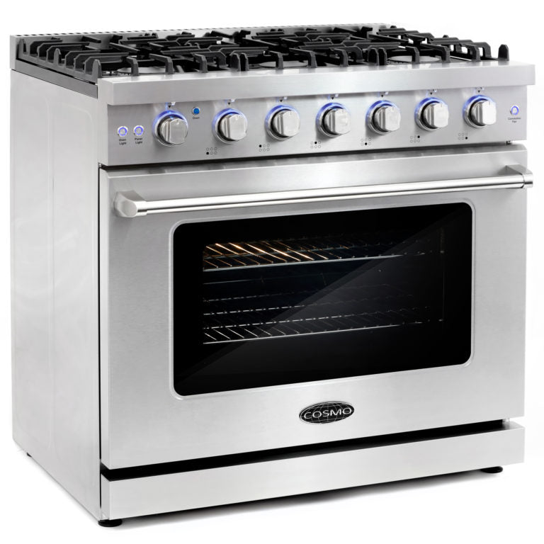 Cosmo - 36 in. 6.0 cu. ft. Commercial Gas Range with Convection Oven in Stainless Steel with Storage Drawer | COS-EPGR366 Cosmo - 36 in. 6.0 cu. ft. Commercial Gas Range with Convection Oven in Stainless Steel with Storage Drawer | COS-EPGR366