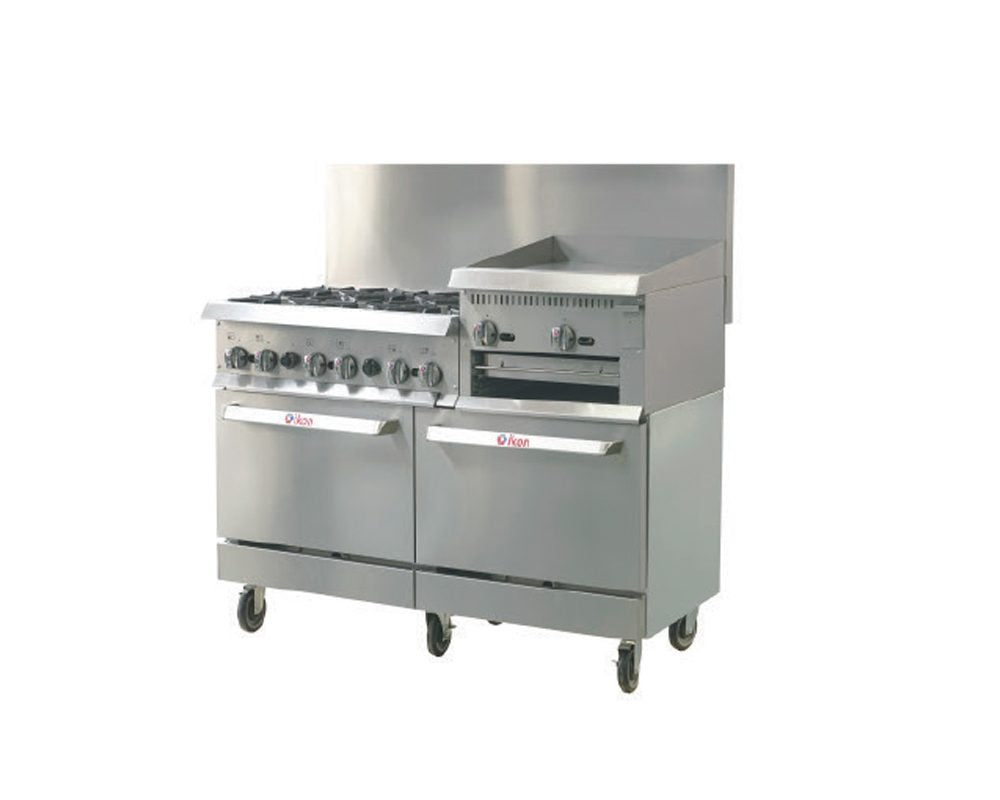 IKON COOKING - Commercial - 60" Liquid Propane Gas Range with 6 Burners, 24" Raised Griddle and 2 Ovens - IR-6B-24RG-60 IKON COOKING - Commercial - 60" Liquid Propane Gas Range with 6 Burners, 24" Raised Griddle and 2 Ovens - IR-6B-24RG-60