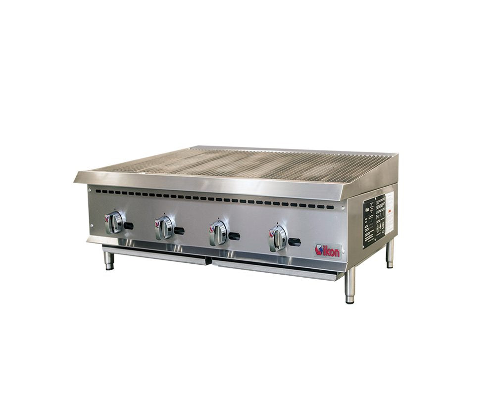 IKON COOKING - Commercial - 48" Stainless Steel Liquid Propane Gas Countertop Charbroiler with 8 Radiant Burners - IRB-48 IKON COOKING - Commercial - 48" Stainless Steel Liquid Propane Gas Countertop Charbroiler with 8 Radiant Burners - IRB-48