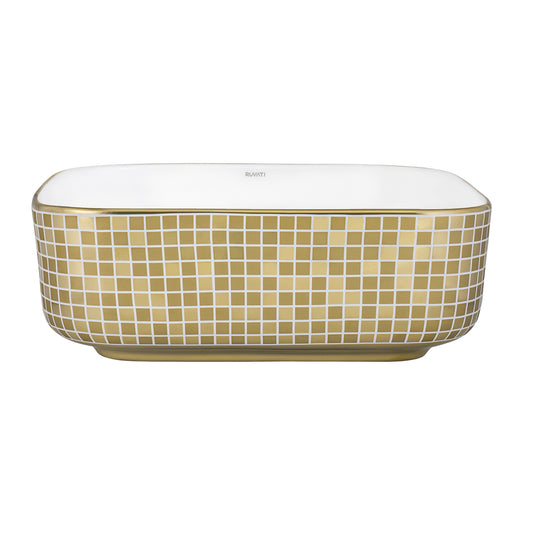 15 x 15 inch Bathroom Vessel Sink Gold Decorative Pattern Above Vanity Counter White Porcelain Ceramic