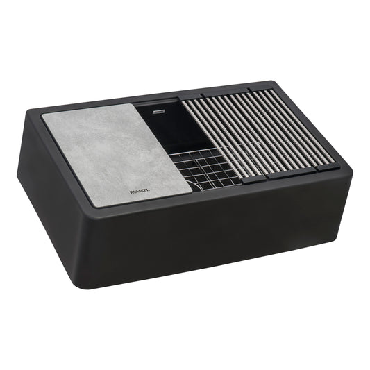 Ruvati 33-inch Matte Black Granite Farmhouse Workstation Apron-front Composite Kitchen Sink – RVG1533BK