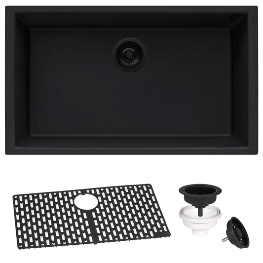 33 x 19 inch Granite Composite Undermount Single Bowl Kitchen Sink – Midnight Black