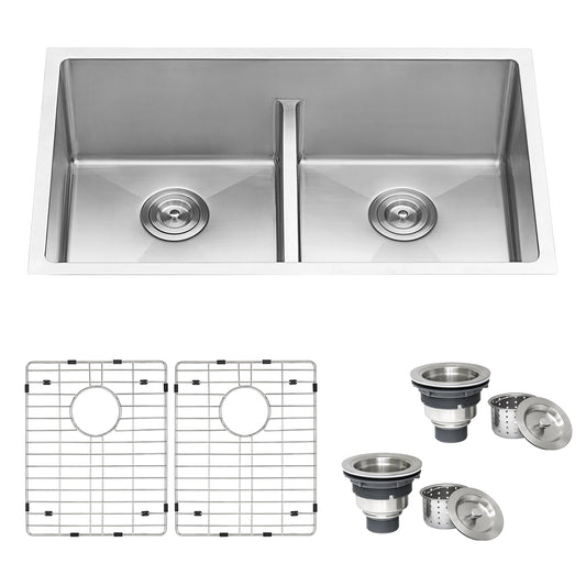30-inch Low-Divide Undermount Tight Radius 50/50 Double Bowl 16 Gauge Stainless Steel Kitchen Sink