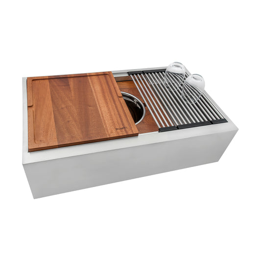 Ruvati 33-inch Workstation Two-Tiered Ledge Kitchen Sink Apron-Front 16 Gauge Stainless Steel – RVH9222