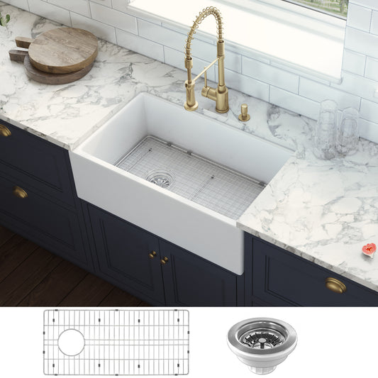 30-inch Fireclay Farmhouse Offset Drain Kitchen Sink Single Bowl White – Left Drain
