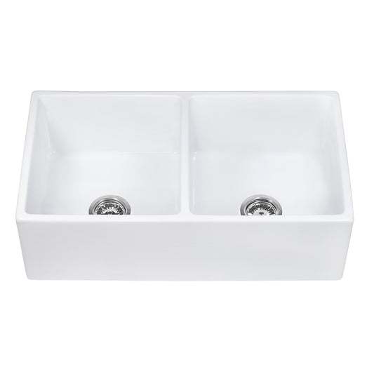 33 x 18 inch Fireclay Farmhouse Apron-Front Kitchen Sink Double Bowl – White