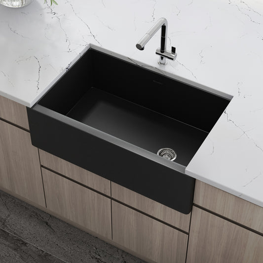 Ruvati 30-inch Matte Black Fireclay Modern Farmhouse Offset Drain Kitchen Sink Single Bowl – RVL4018MBK