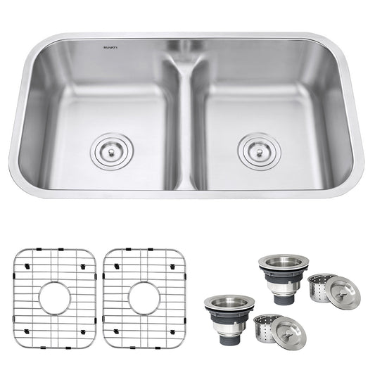 32-inch Low-Divide 50/50 Double Bowl Undermount 16 Gauge Stainless Steel Kitchen Sink