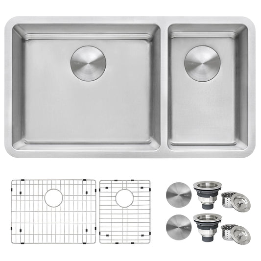 32-inch Undermount Kitchen Sink 70/30 Double Bowl 16 Gauge Stainless Steel