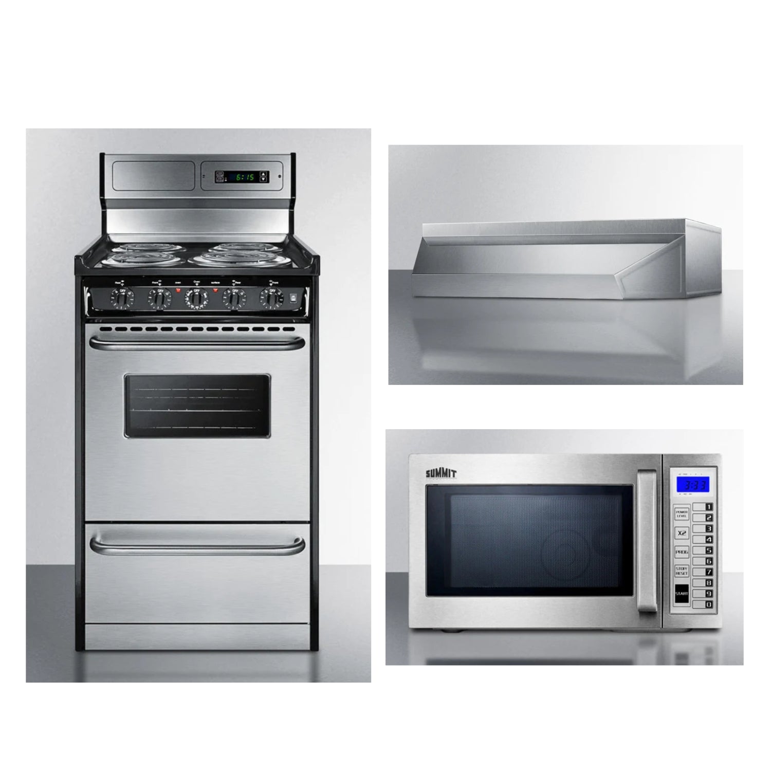 Summit - 20" Wide Electric Coil Range, Commercial Microwave, and 20" Shell Hood Bundle Summit - 20" Wide Electric Coil Range, Commercial Microwave, and 20" Shell Hood Bundle