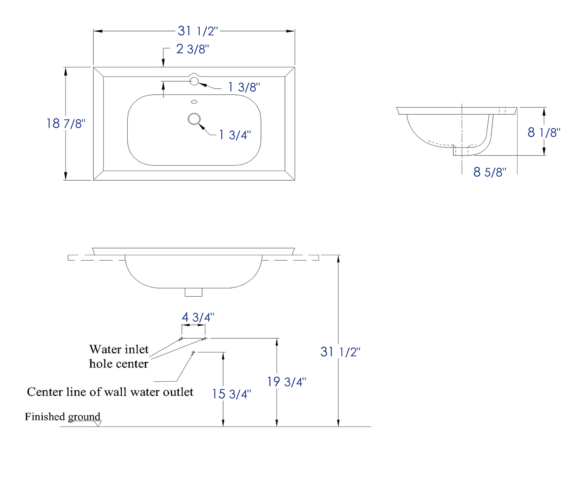 EAGO - White Ceramic 32"x19" Rectangular Drop In Sink | BH003 EAGO - White Ceramic 32"x19" Rectangular Drop In Sink | BH003