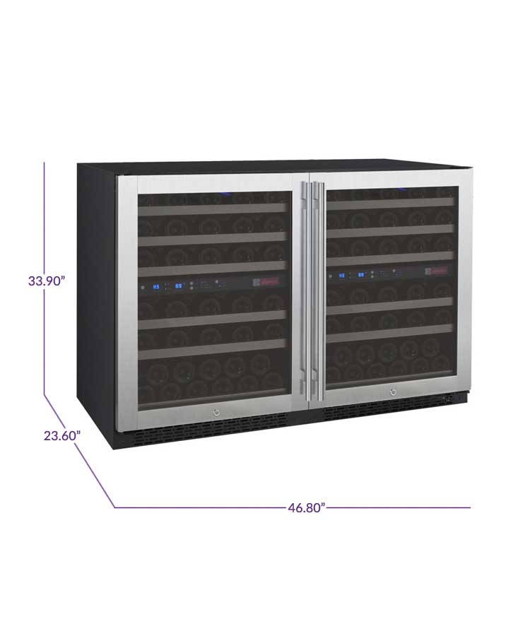 Allavino Wine & Beverage Centers Wide FlexCount II Tru-Vino 112 Bottle Four Zone Stainless Steel Side-by-Side Wine Refrigerator - 2X-VSWR56-2S20 Allavino Wine & Beverage Centers Wide FlexCount II Tru-Vino 112 Bottle Four Zone Stainless Steel Side-by-Side Wine Refrigerator - 2X-VSWR56-2S20