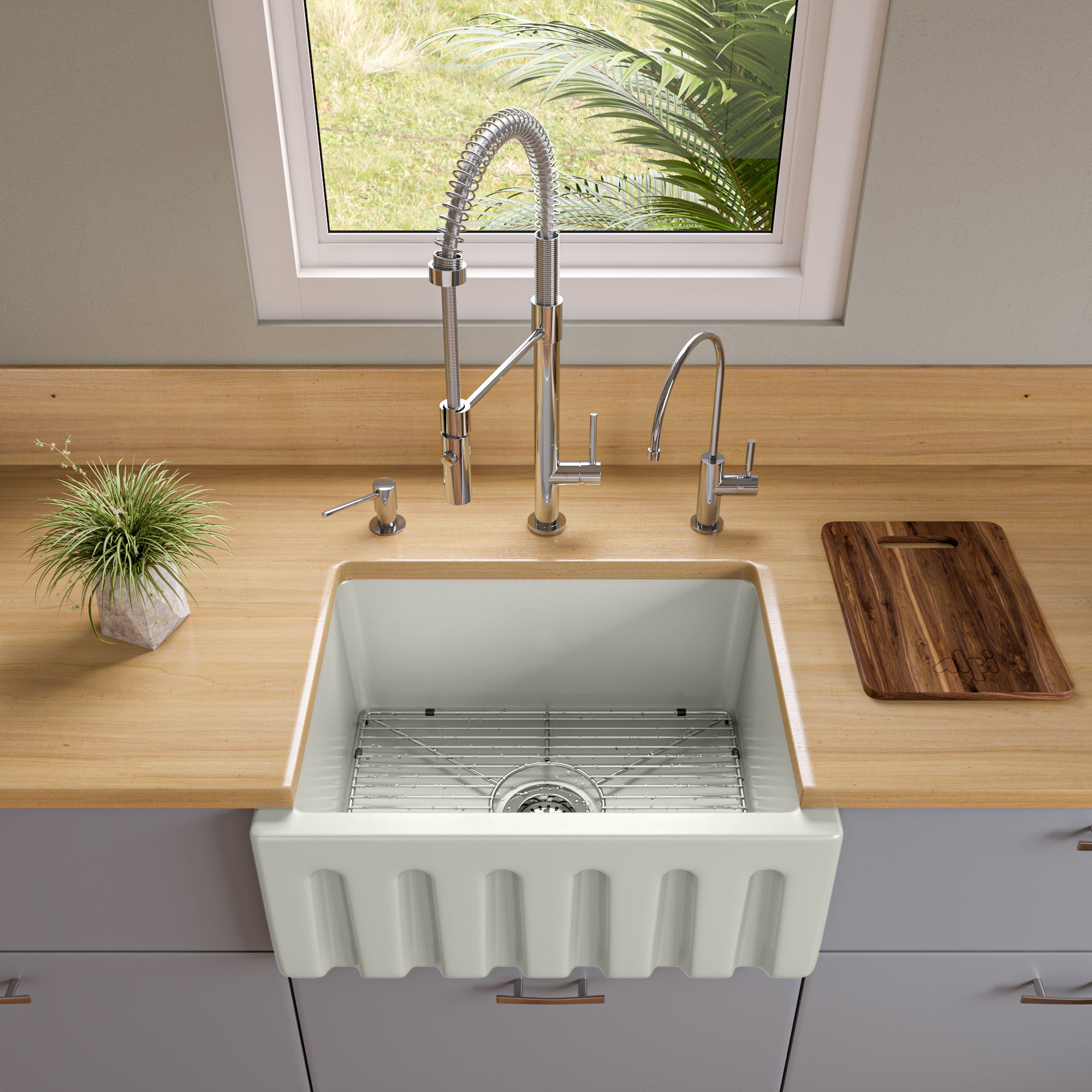 ALFI Brand - 24 inch Biscuit Reversible Smooth / Fluted Single Bowl Fireclay Farm Sink | AB2418HS-B ALFI Brand - 24 inch Biscuit Reversible Smooth / Fluted Single Bowl Fireclay Farm Sink | AB2418HS-B