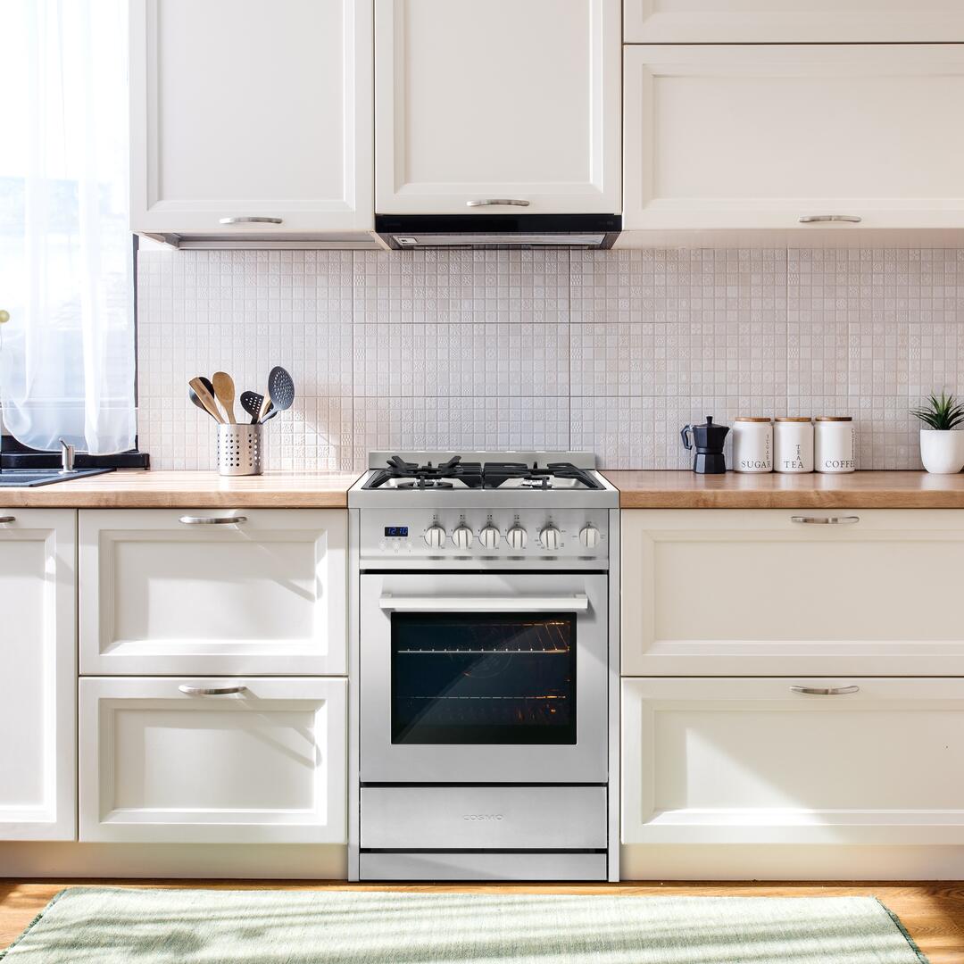 Cosmo - 24 in. 2.73 cu. ft. Single Oven Gas Range with 4 Burner Cooktop and Heavy Duty Cast Iron Grates in Stainless Steel | COS-244AGC Cosmo - 24 in. 2.73 cu. ft. Single Oven Gas Range with 4 Burner Cooktop and Heavy Duty Cast Iron Grates in Stainless Steel | COS-244AGC