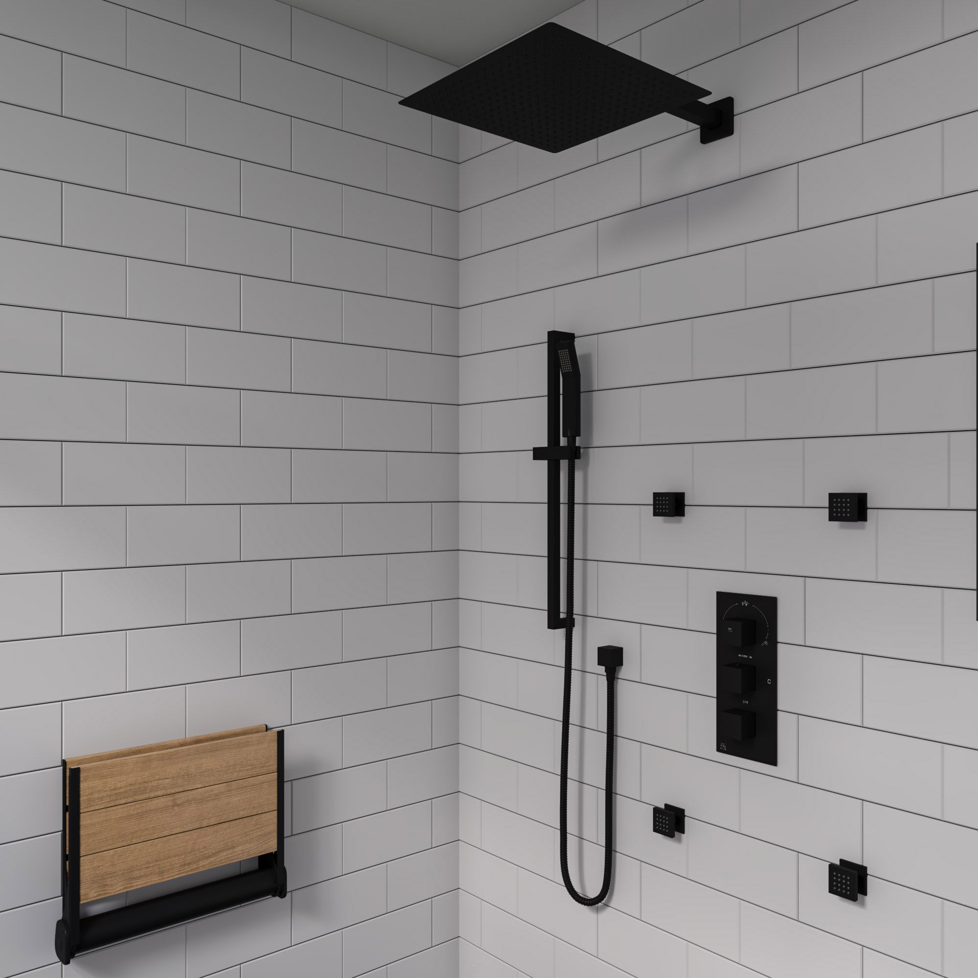 ALFI Brand - Black Matte 17" Wide Foldable Teak Shower Seat with Backrest | ABS17-BM ALFI Brand - Black Matte 17" Wide Foldable Teak Shower Seat with Backrest | ABS17-BM
