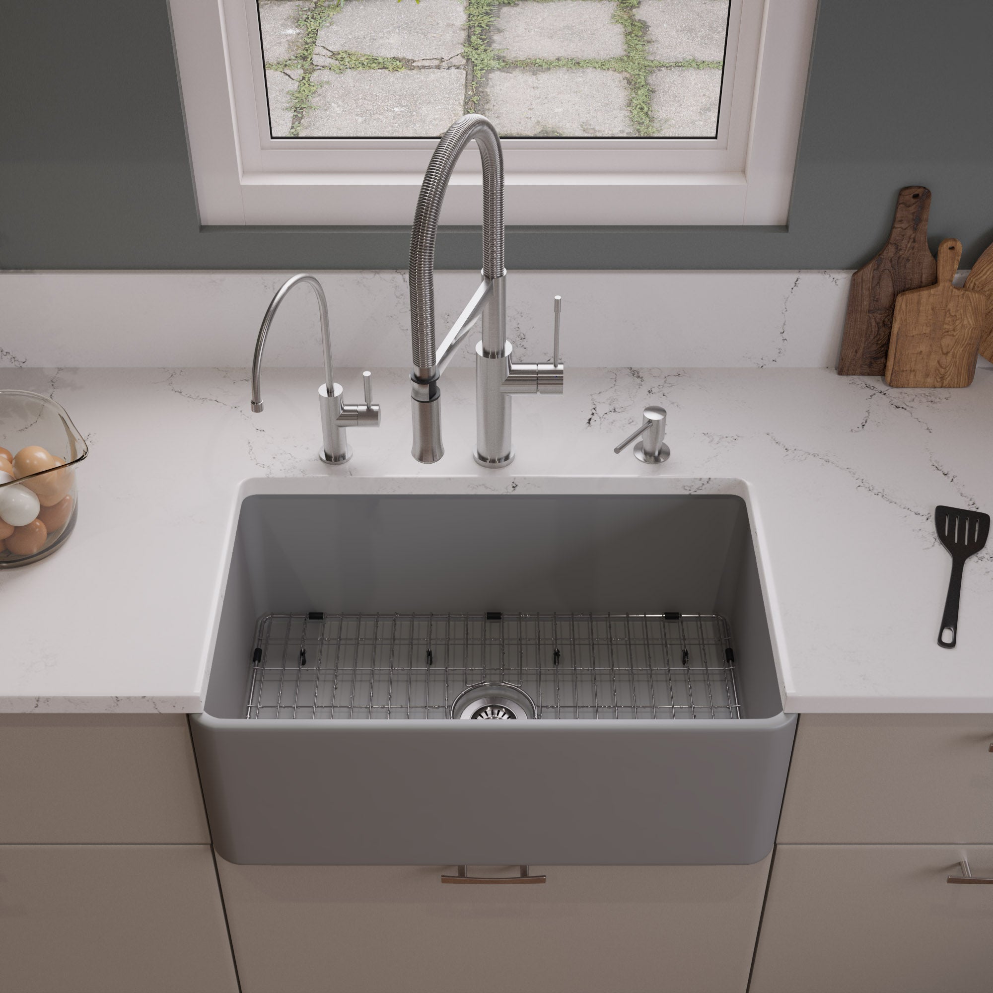ALFI Brand - Gray Matte Smooth Apron 30" x 18" Single Bowl Fireclay Farm Sink | ABF3018-GM ALFI Brand - Gray Matte Smooth Apron 30" x 18" Single Bowl Fireclay Farm Sink | ABF3018-GM