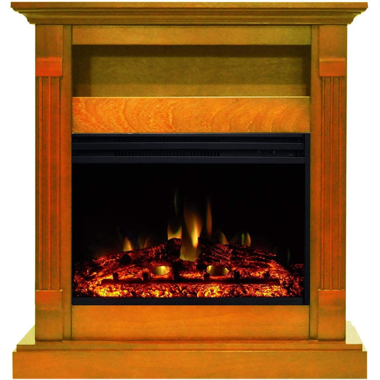 Cambridge Fireplace Mantels and Entertainment Centers Cambridge Sienna 34-In. Electric Fireplace Heater with Teak Mantel, Enhanced Log Display, Multi-Color Flames, and Remote Control