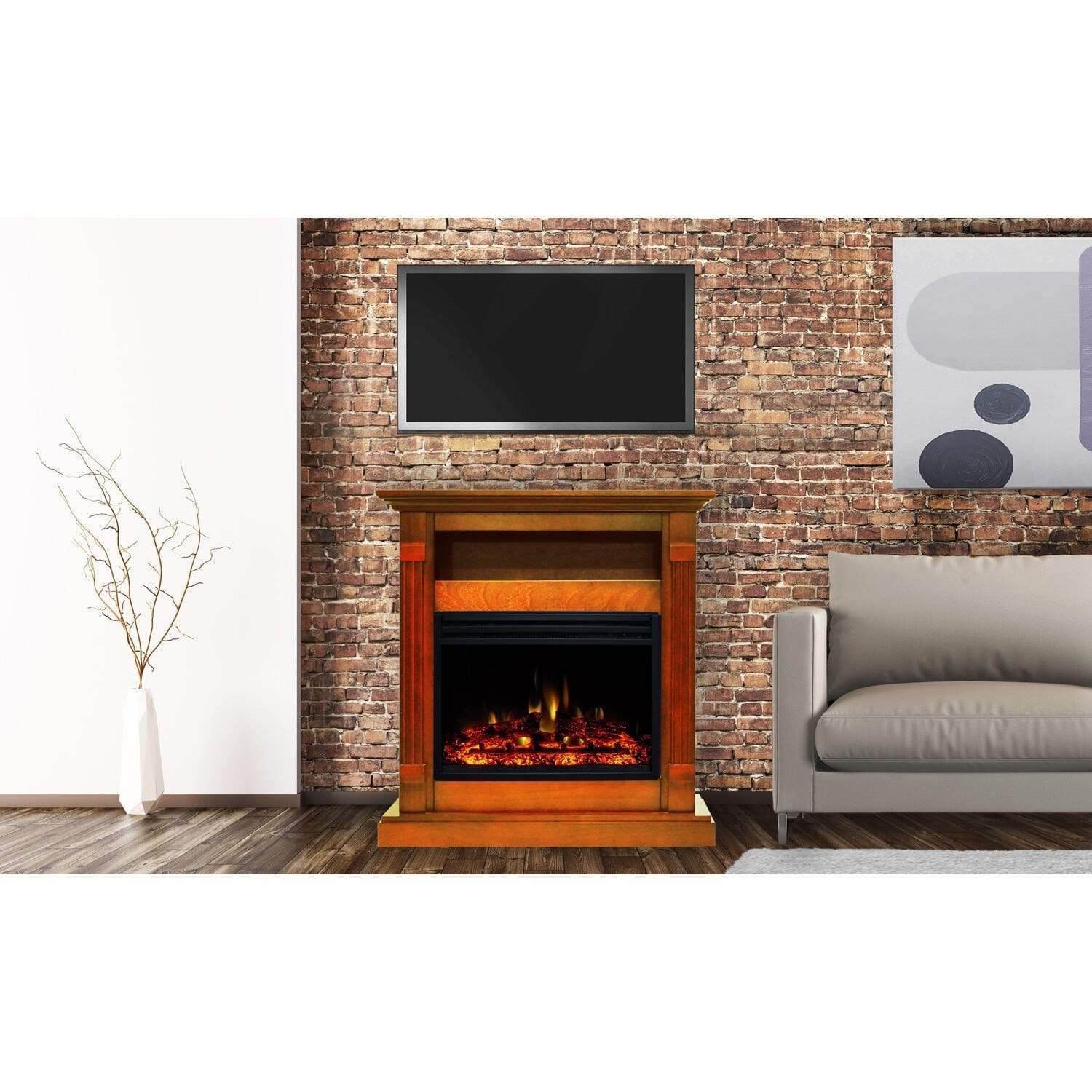 Cambridge Fireplace Mantels and Entertainment Centers Cambridge Sienna 34-In. Electric Fireplace Heater with Teak Mantel, Enhanced Log Display, Multi-Color Flames, and Remote Control Cambridge Fireplace Mantels and Entertainment Centers Cambridge Sienna 34-In. Electric Fireplace Heater with Teak Mantel, Enhanced Log Display, Multi-Color Flames, and Remote Control