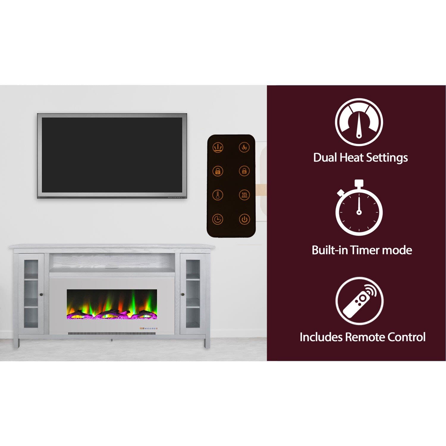 Cambridge Fireplace Mantels and Entertainment Centers Cambridge Somerset 70-In. Electric Fireplace TV Stand with Multi-Color LED Flames, Driftwood Log Display, and Remote Control Cambridge Fireplace Mantels and Entertainment Centers Cambridge Somerset 70-In. Electric Fireplace TV Stand with Multi-Color LED Flames, Driftwood Log Display, and Remote Control