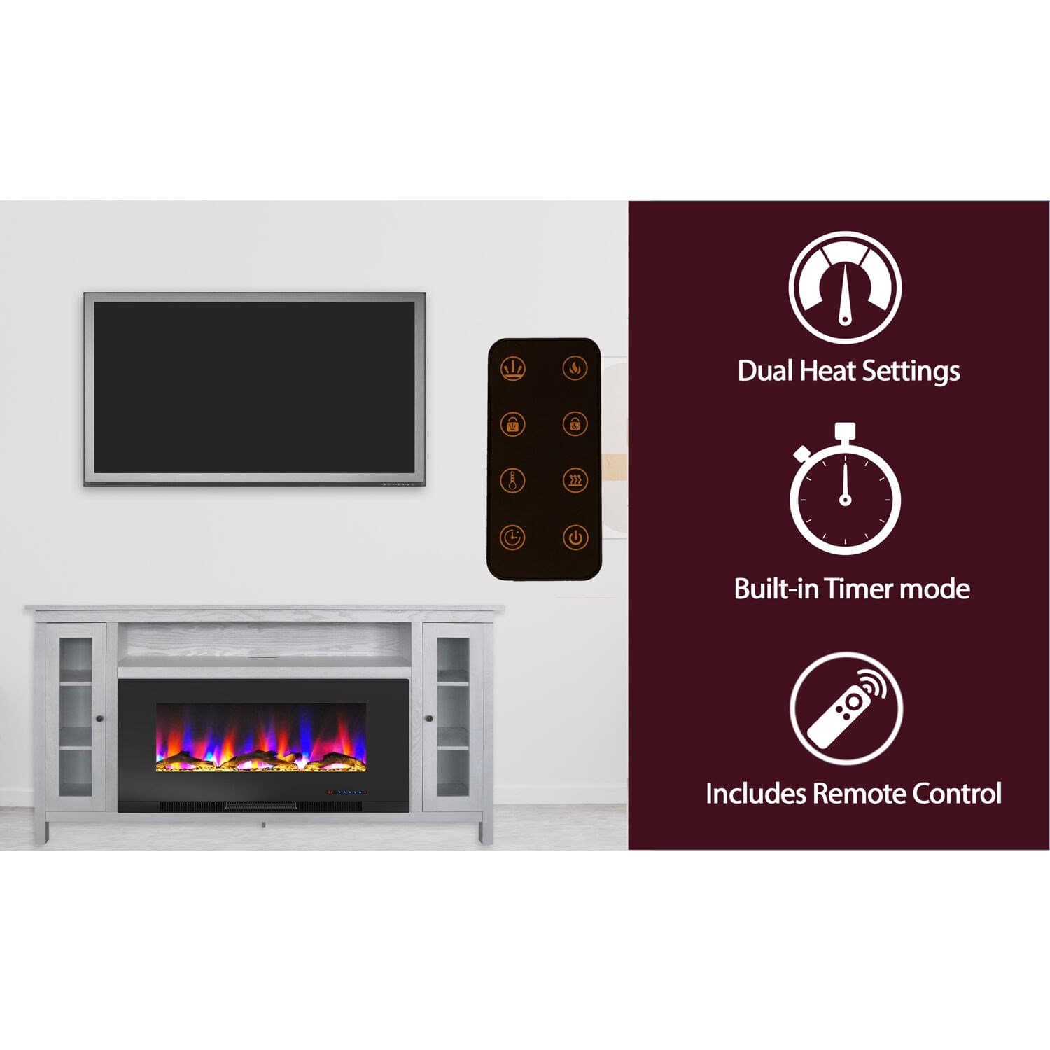 Cambridge Fireplace Mantels and Entertainment Centers Cambridge Somerset 70-In. Electric Fireplace TV Stand with Multi-Color LED Flames, Driftwood Log Display, and Remote Control Cambridge Fireplace Mantels and Entertainment Centers Cambridge Somerset 70-In. Electric Fireplace TV Stand with Multi-Color LED Flames, Driftwood Log Display, and Remote Control