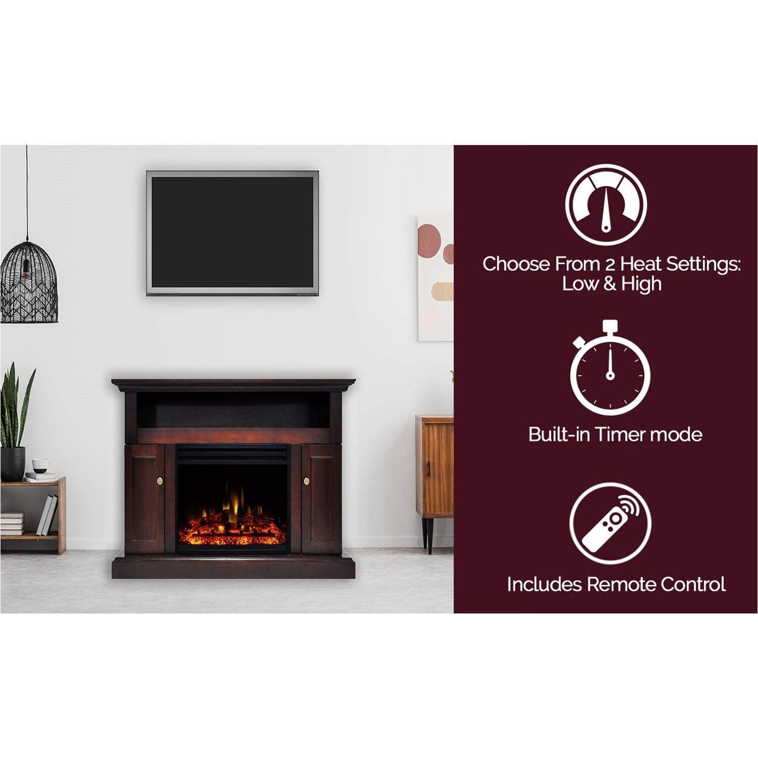 Cambridge Fireplace Mantels and Entertainment Centers Cambridge Sorrento Electric Fireplace Heater with 47-In. Mahogany TV Stand, Enhanced Log Display, Multi-Color Flames and Remote Control Cambridge Fireplace Mantels and Entertainment Centers Cambridge Sorrento Electric Fireplace Heater with 47-In. Mahogany TV Stand, Enhanced Log Display, Multi-Color Flames and Remote Control