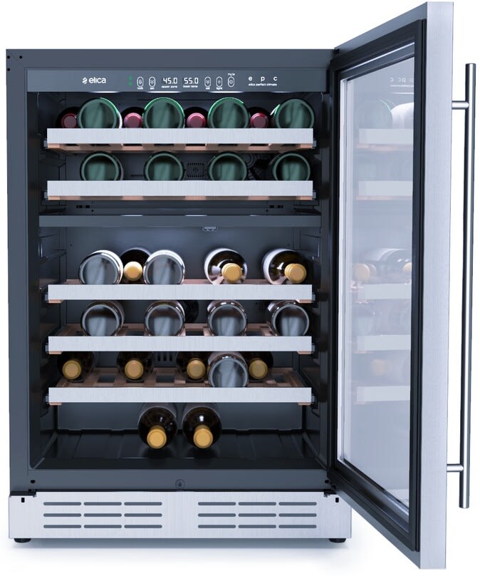 Elica - Single Door, Dual Zone, Wine Cellar, 23 7/16" W x 22 7/16" D x 33-34" H, 4.8 cu/ft - Undercounter Refrigerator | EWS52SS1 Elica - Single Door, Dual Zone, Wine Cellar, 23 7/16" W x 22 7/16" D x 33-34" H, 4.8 cu/ft - Undercounter Refrigerator | EWS52SS1