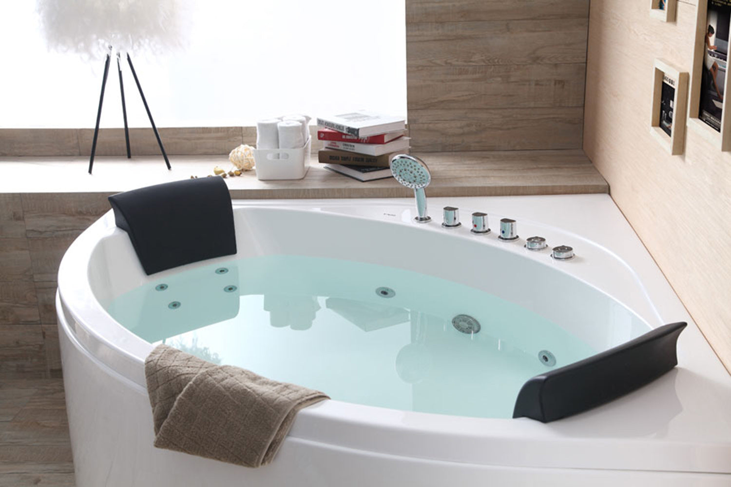 EAGO - 5' Rounded Modern Double Seat Corner Whirlpool Bath Tub with Fixtures | AM200 EAGO - 5' Rounded Modern Double Seat Corner Whirlpool Bath Tub with Fixtures | AM200