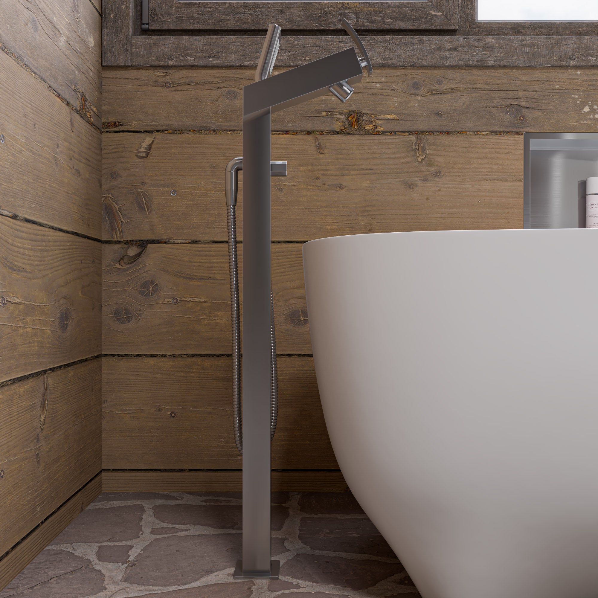 ALFI Brand - Brushed Nickel Floor Mounted Tub Filler + Mixer /w additional Hand Held Shower Head | AB2728-BN ALFI Brand - Brushed Nickel Floor Mounted Tub Filler + Mixer /w additional Hand Held Shower Head | AB2728-BN