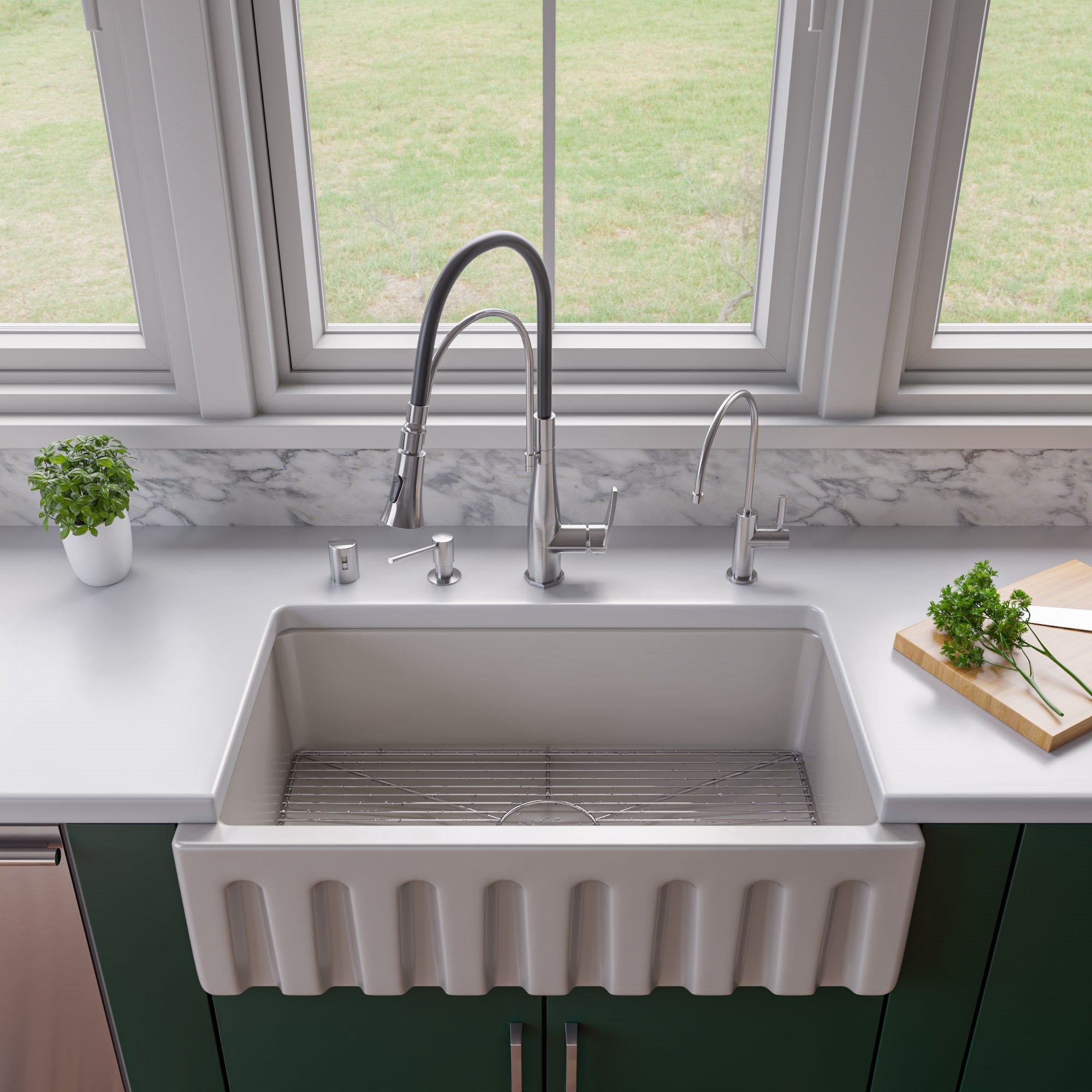 ALFI Brand - Biscuit 33" x 18" Reversible Fluted / Smooth Fireclay Farm Sink | AB3318HS-B ALFI Brand - Biscuit 33" x 18" Reversible Fluted / Smooth Fireclay Farm Sink | AB3318HS-B